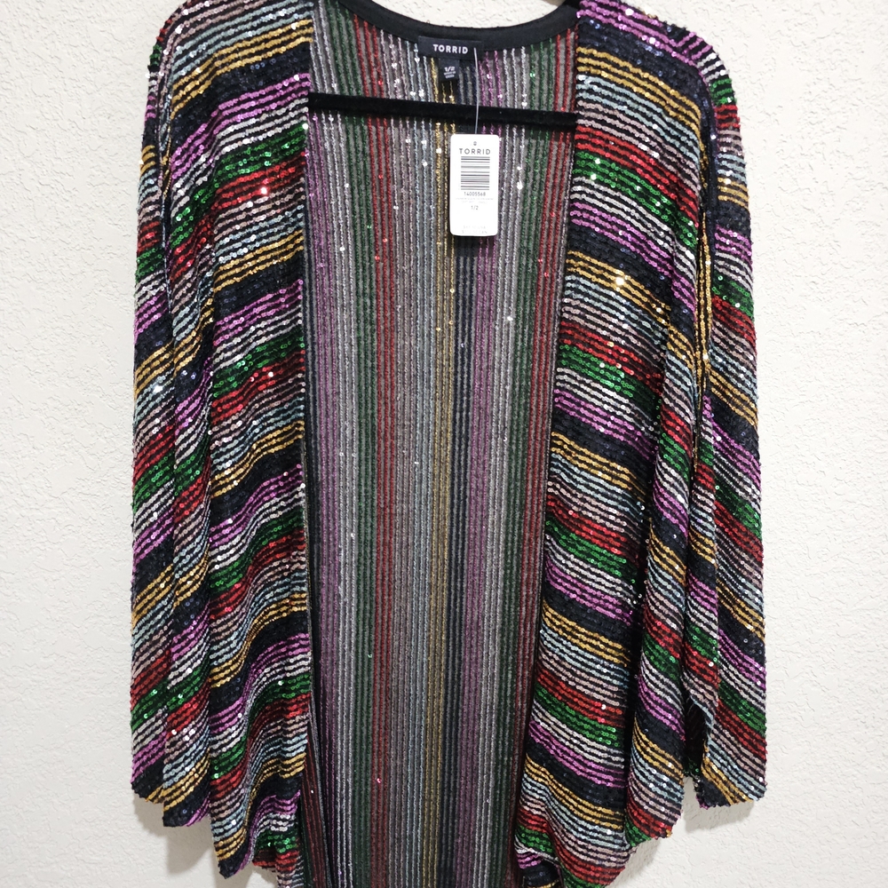 Torrid Multicolored Striped Sequin Kimono Cardigan. - Picture 5 of 7